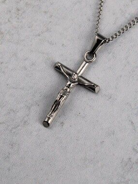 Silver Crucifix Cross Pendant Cuban Link Chain Necklace
